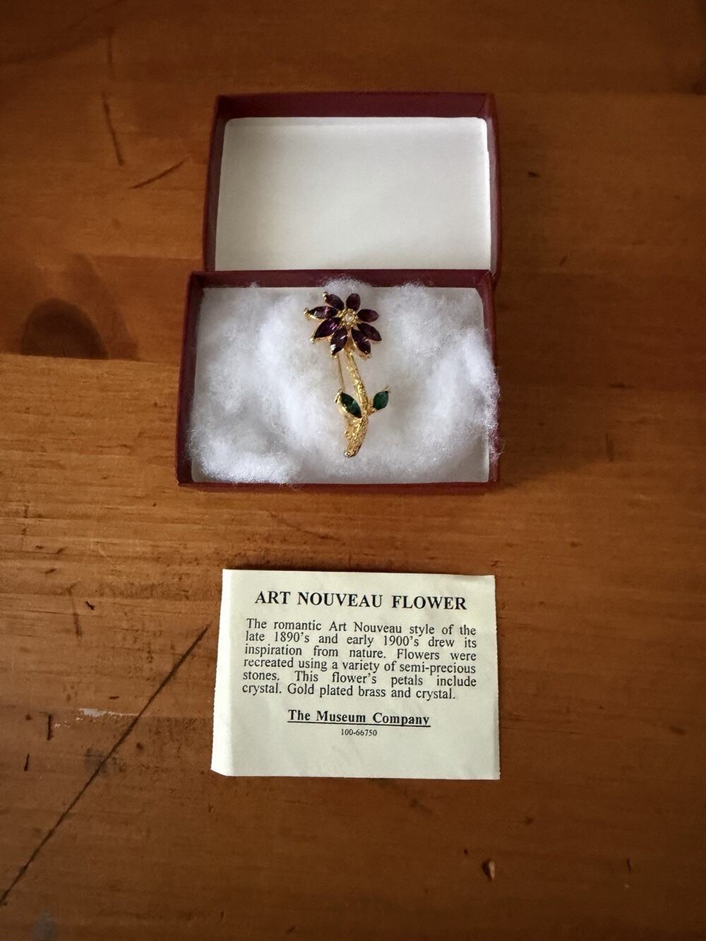 Museum Company Art Nouveau Style Flower Brooch Purple Crystal Floral Gold Tone